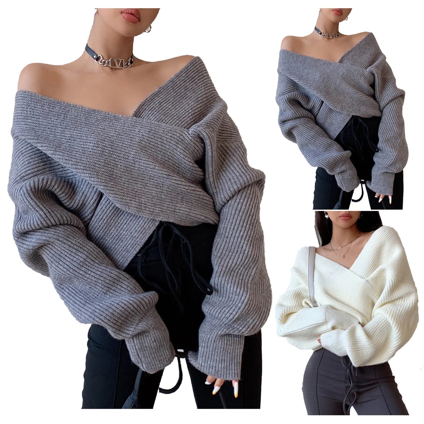 Winter New Cross Knitted Sweater Long Sleeve Sweater Fluffy  Elegant Off Shoulder Knit Thickened Pullover Sweater