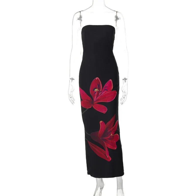 Sleeveless Flower Print Tube  Midi Dress Backless Lace Up Elegant  Outfit Party Club Autumn Winter