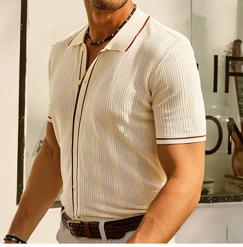 Summer Ice Silk Men Hollow Polo Shirt Breathable Soft Knit Shirt Top Men's Short-sleeved Tee