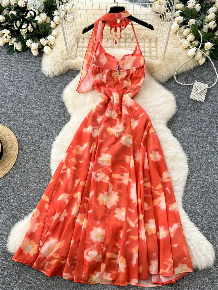 French Ruffles Long Dress Women Halter Sleeveless Print Design Sundress Fashion Summer Holiday Beachwear Chiffon Dress