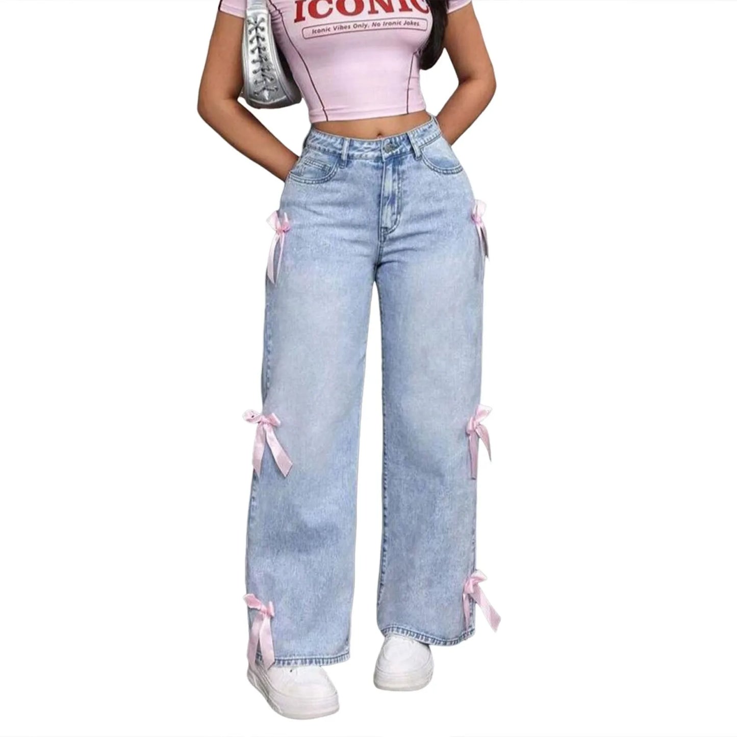 Jeans For Women High Quality High Waist American Wide Leg Pants Bow Embroidery