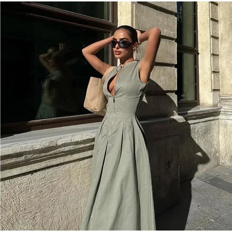 Sleeveless Spliced Zipper Maxi Summer Dress Women Elegant High Waist Slim Pleated Long Dresses Office Lady Street Robes Female