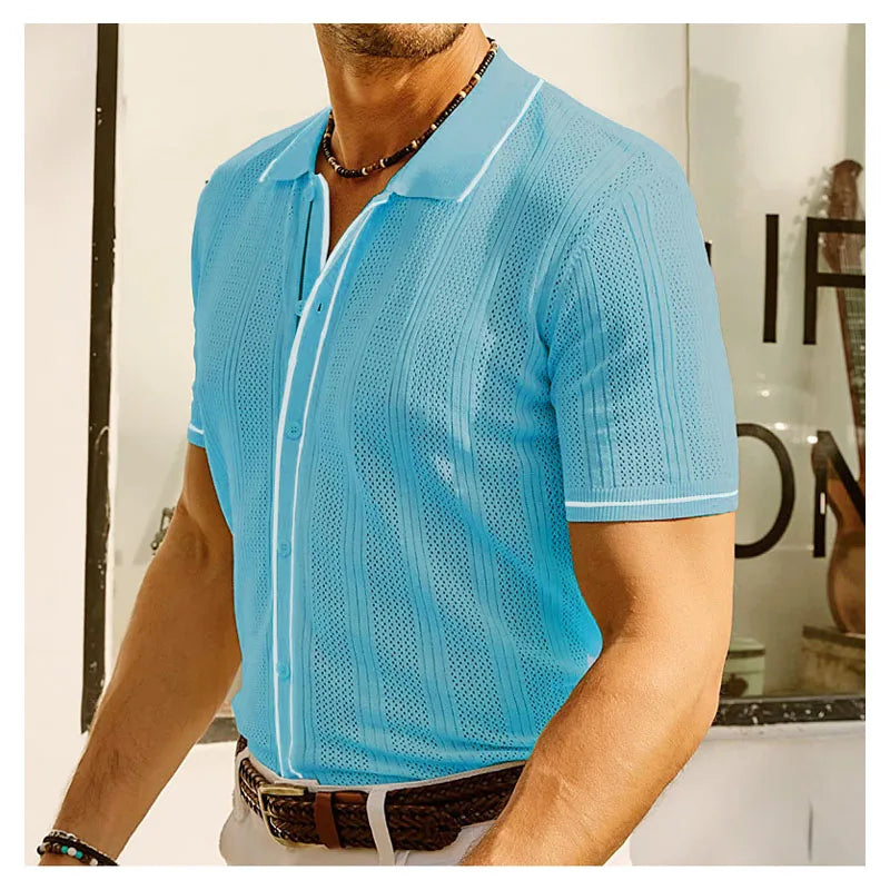 Summer Ice Silk Men Hollow Polo Shirt Breathable Soft Knit Shirt Top Men's Short-sleeved Tee