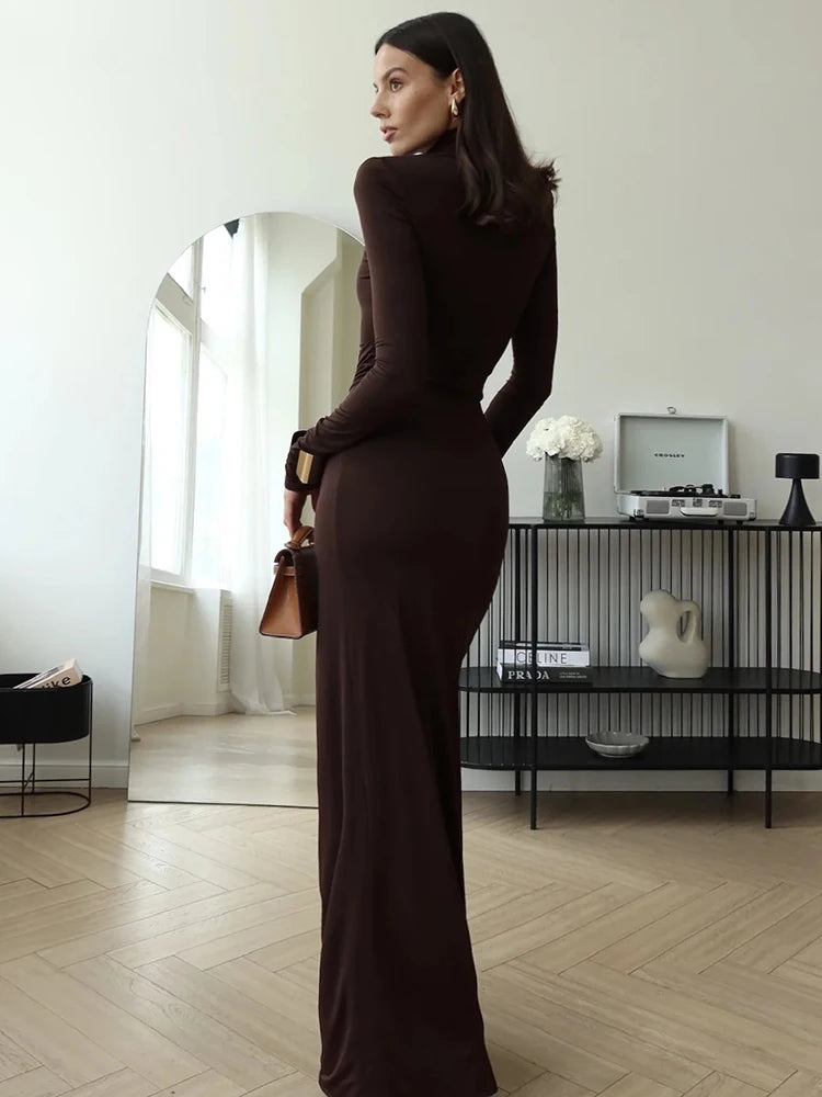 Turtleneck Thigh High Split Maxi Dress For Women Fashion Long Sleeve Draped Bandage