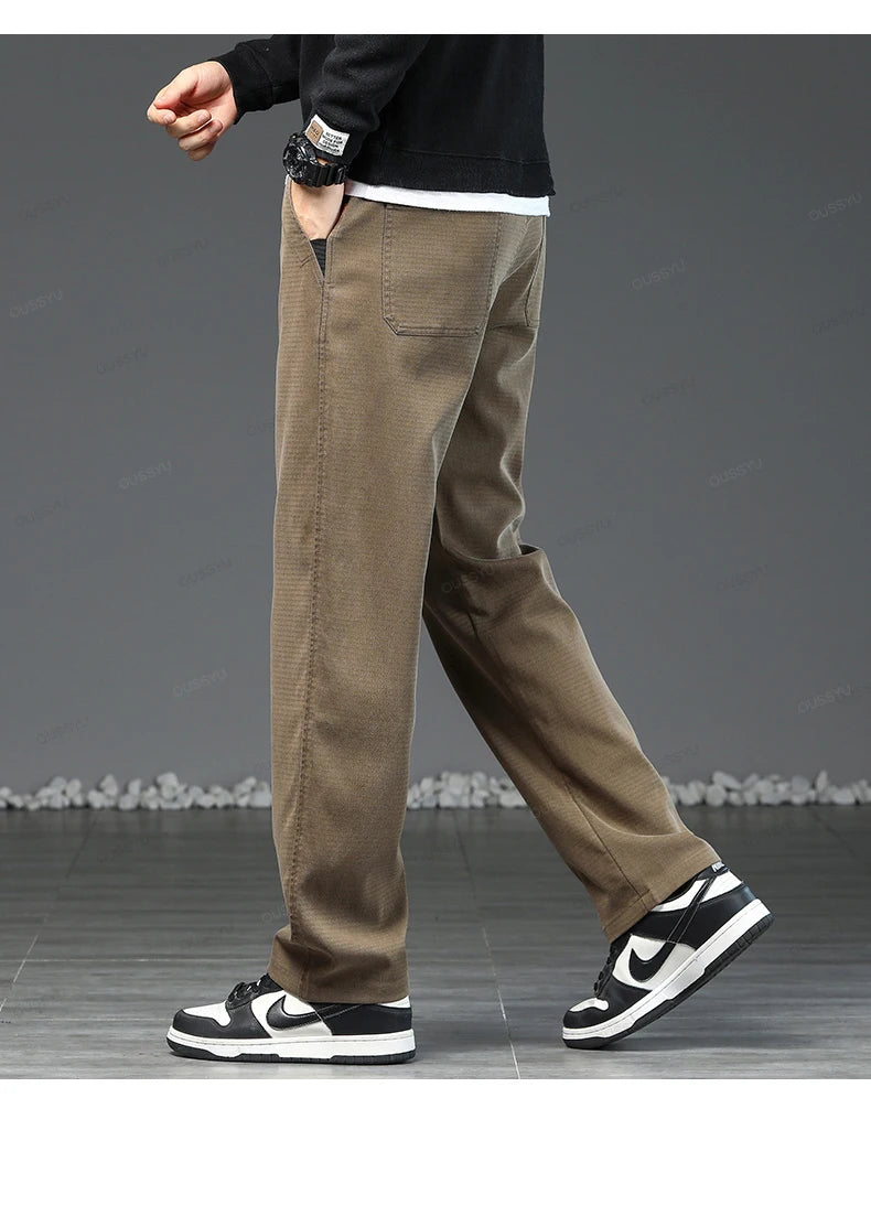 Grey Brown Casual Pants Men Lyocell Fabric Thick Classic Elastic Waist