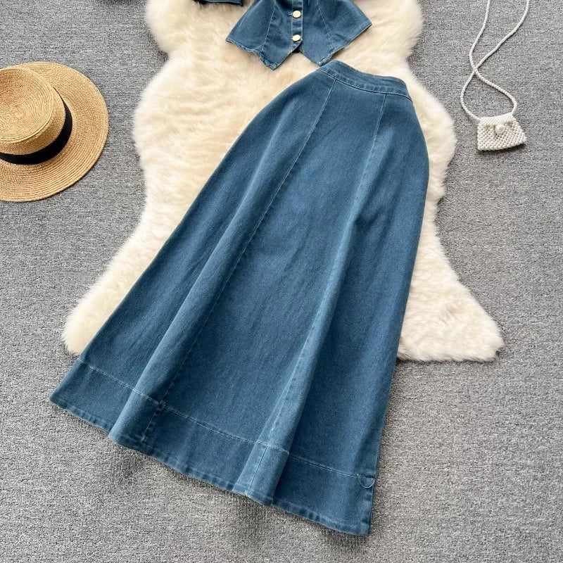 Western Style Denim Dress Set Women Suit New Sexy Retro Square Collar Puff Short Sleeve Shirt Top + High Waist A-line Long Skirt