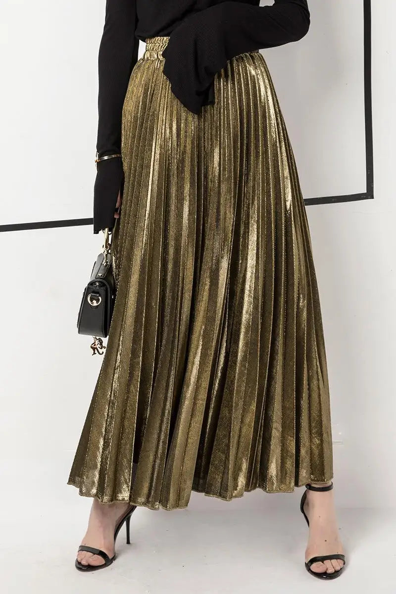 Check Skirt Pleated Maxi Skirt High Waist Harajuku Large Swing Gold Long Skirts