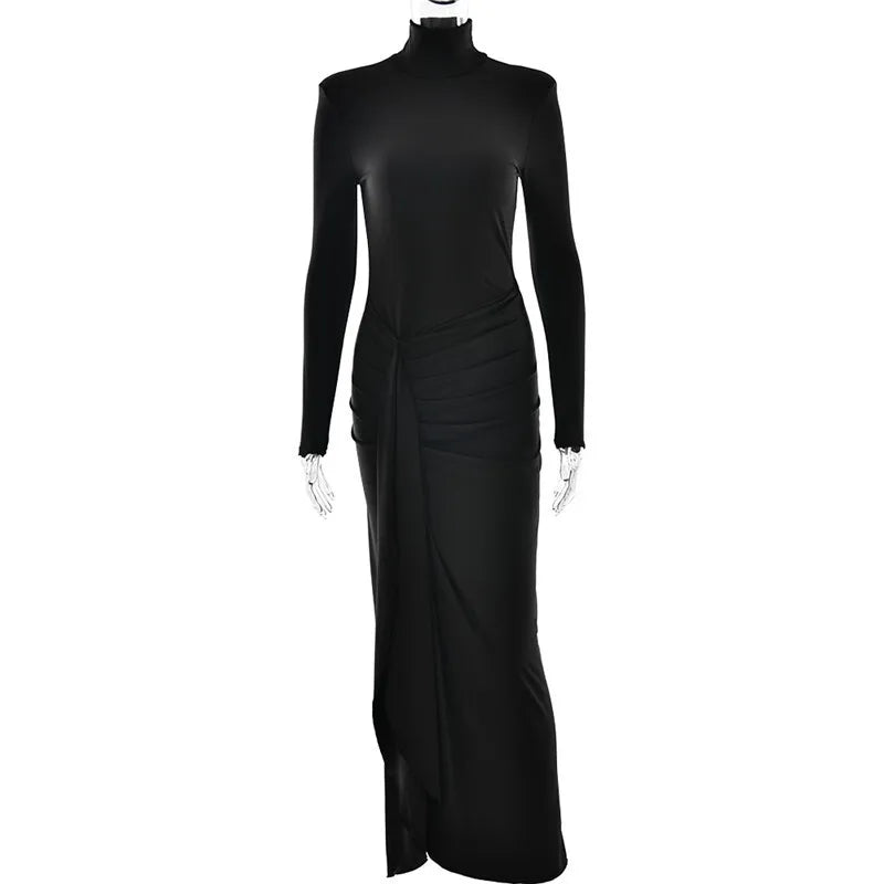 Turtleneck Thigh High Split Maxi Dress For Women Fashion Long Sleeve Draped Bandage