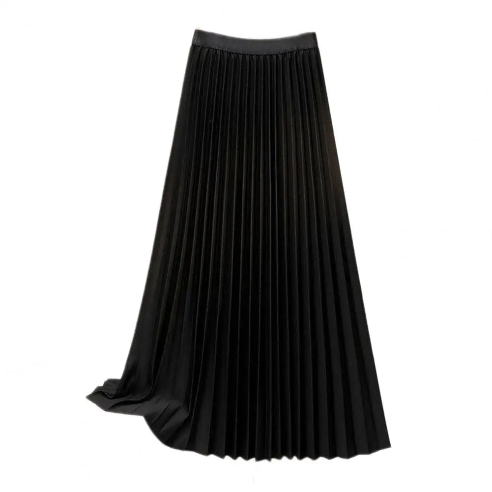 Women Maxi Skirt Casual Elastic High Waist Pleated Skirt Solid Color Smooth Satin A-Line Skirt Women's Clothing For Daily Wear