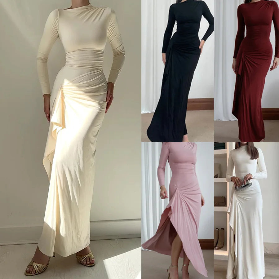 Elegant White Ruched Dresses Womens Long Sleeve Curvy Slit Evening Luxury Party Dress Winter Evening Black Gowns Red Prom