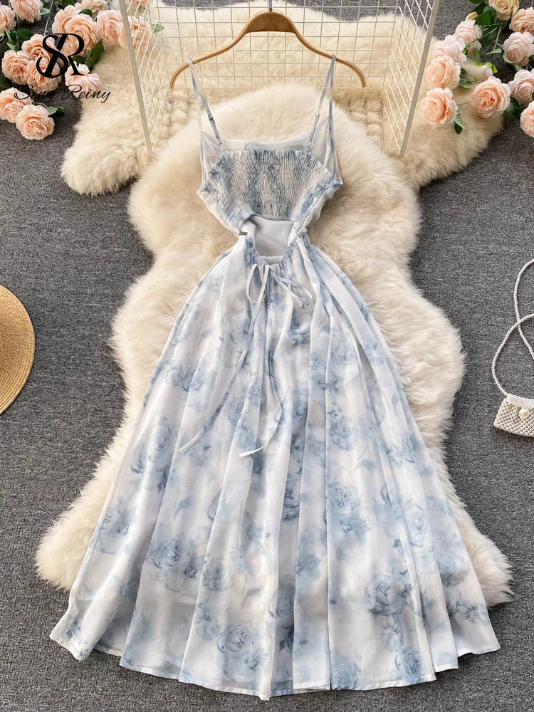 Women Floral Spaghetti Strap Dress Elastic Ruched Sexy Hollow Backless Party Dress Summer Boho Vacation Beach Sundress