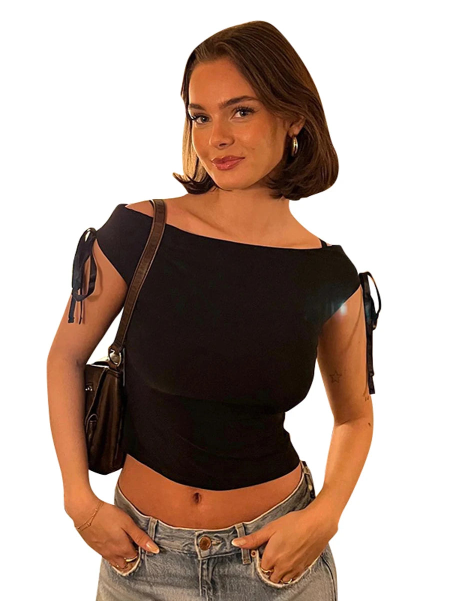 Summer Solid Color Sexy Off Shoulder Tops Lace Up Sleeveless T-Shirt Casual Slim Crop Top  Black Short Sleeve Wome