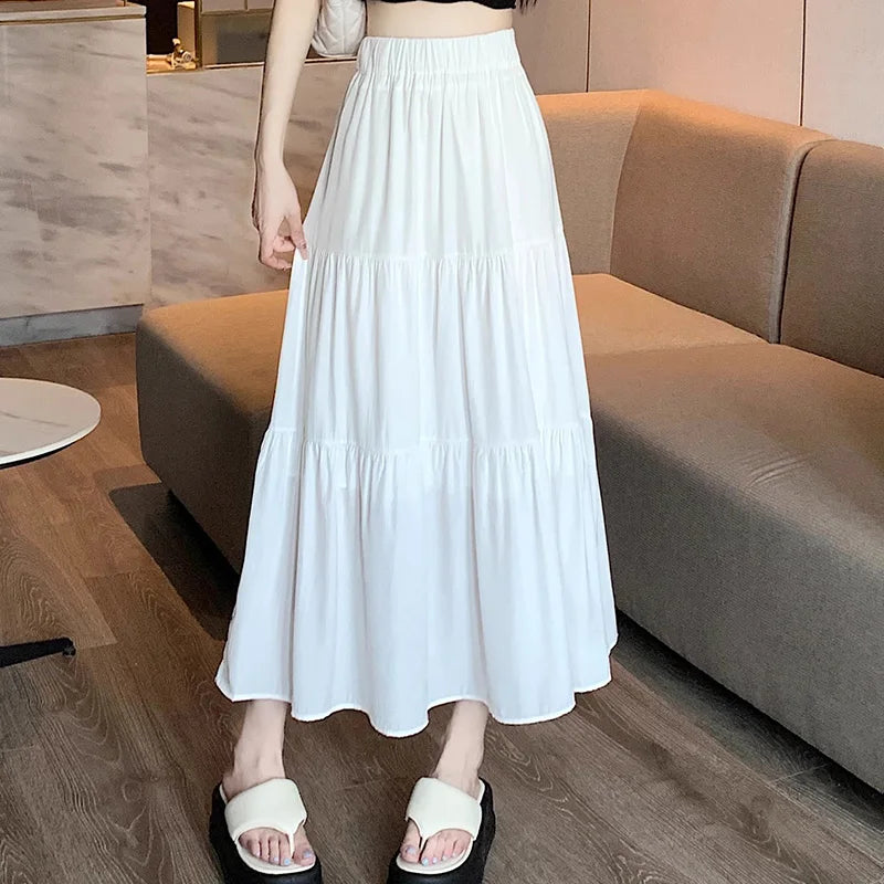 Summer Women High Waist Elastic Patchwork Chic Long Cake A-Line Skirts Casual Elegant All-Match Solid Big Swing Pleated Skirt