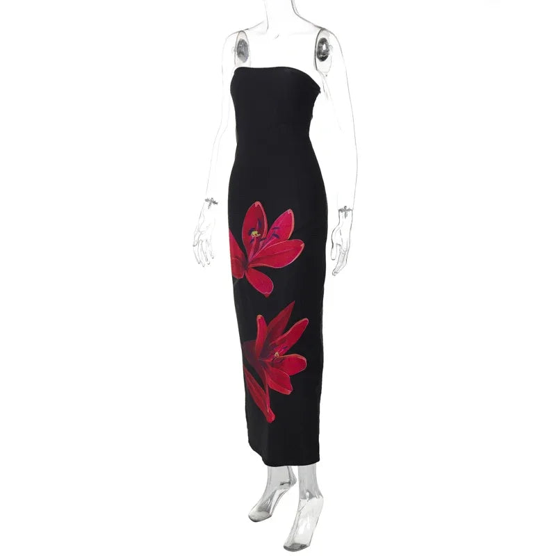 Sleeveless Flower Print Tube  Midi Dress Backless Lace Up Elegant  Outfit Party Club Autumn Winter