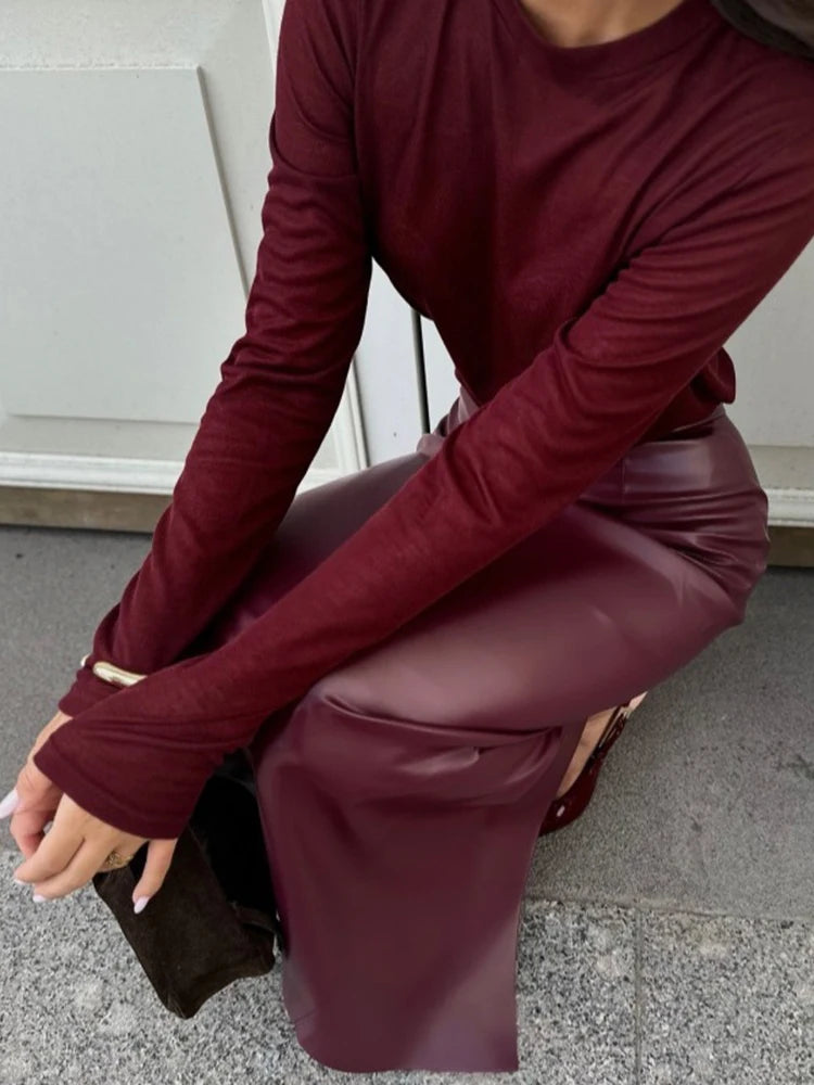 Women Elegant Burgundy Skirt High Waist Slim Fashion Slit Long Skirts