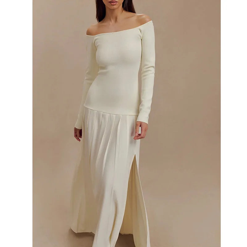 Elegant Off-shoulder Pleated Maxi Dress Long Sleeve Patchwork Long High Split Dresses