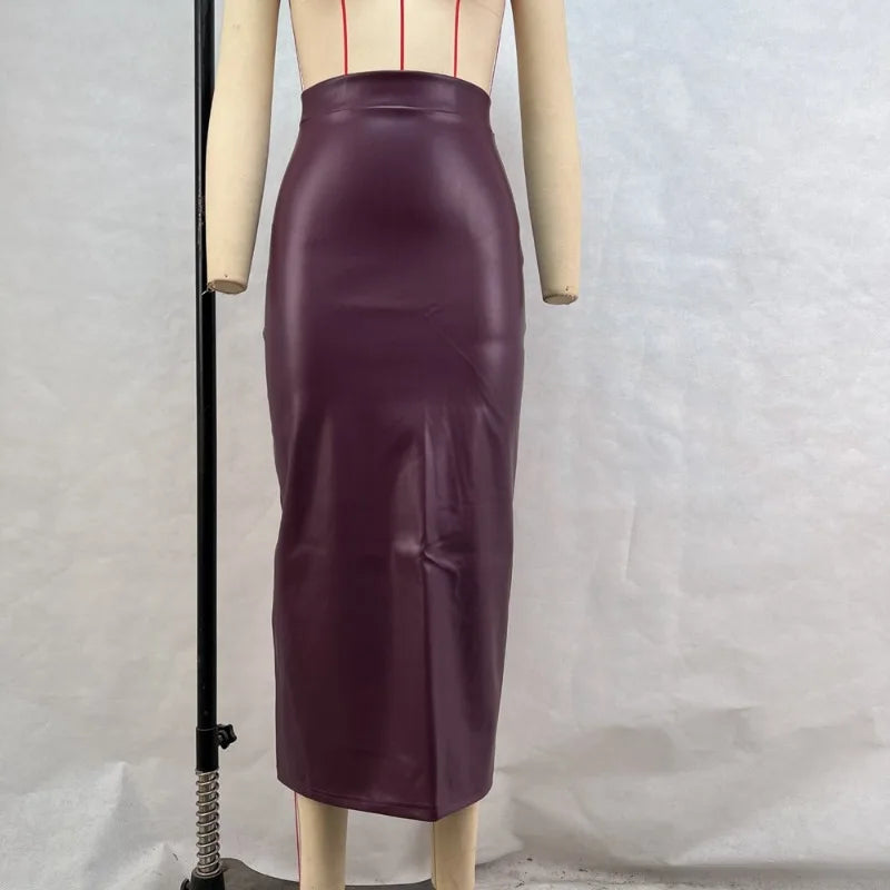 Women Elegant Burgundy Skirt High Waist Slim Fashion Slit Long Skirts