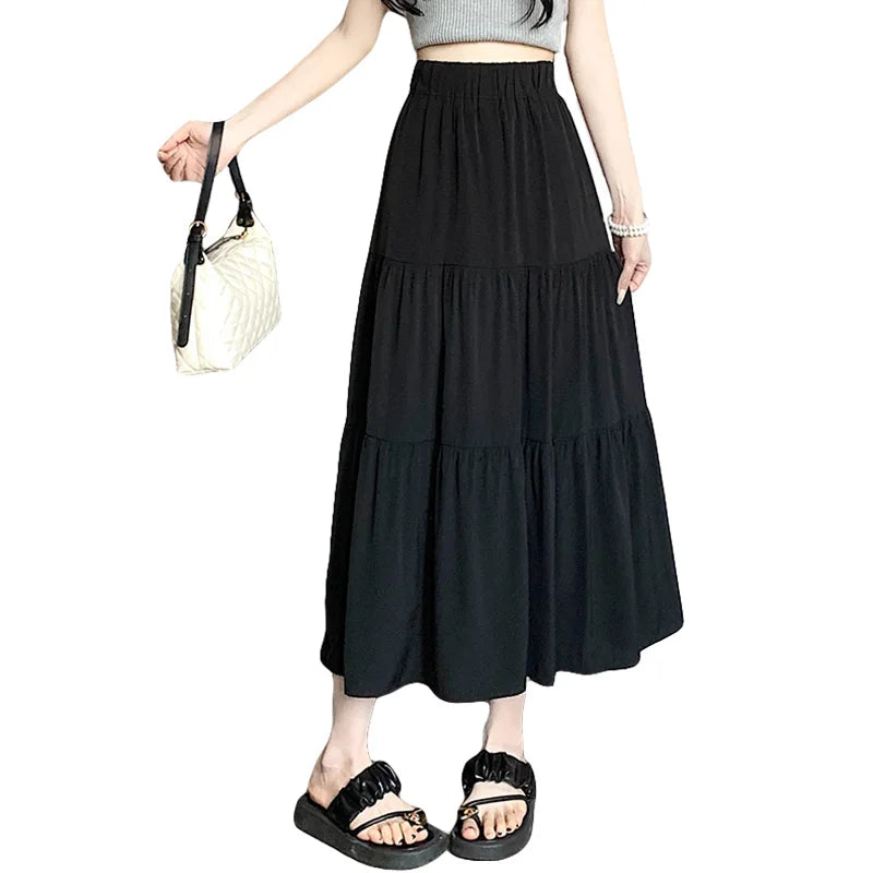 Summer Women High Waist Elastic Patchwork Chic Long Cake A-Line Skirts Casual Elegant All-Match Solid Big Swing Pleated Skirt