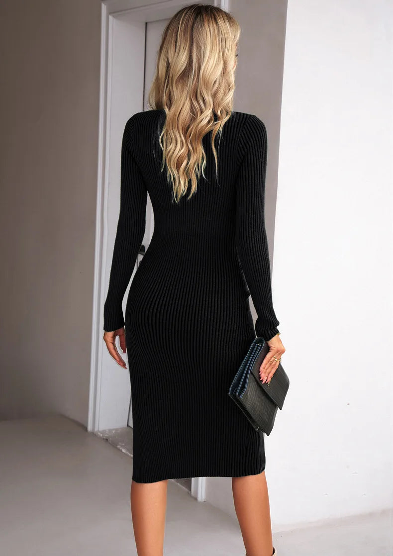 Female Solid Color O-neck Sweater Long Sleeve Dress Lady's Slit Package Hip Dress Women's Dress