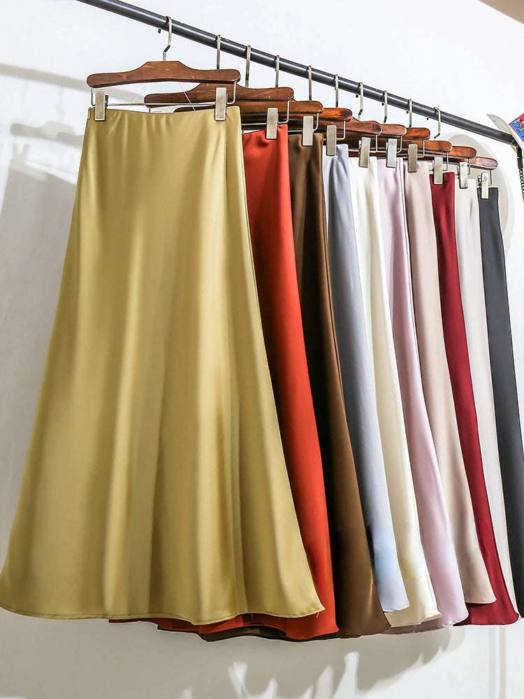 New Fashion Satin Skirt Office Lady Elastic Waist Solid Champagne Purple Red Silk A-LINE Skirt for Women