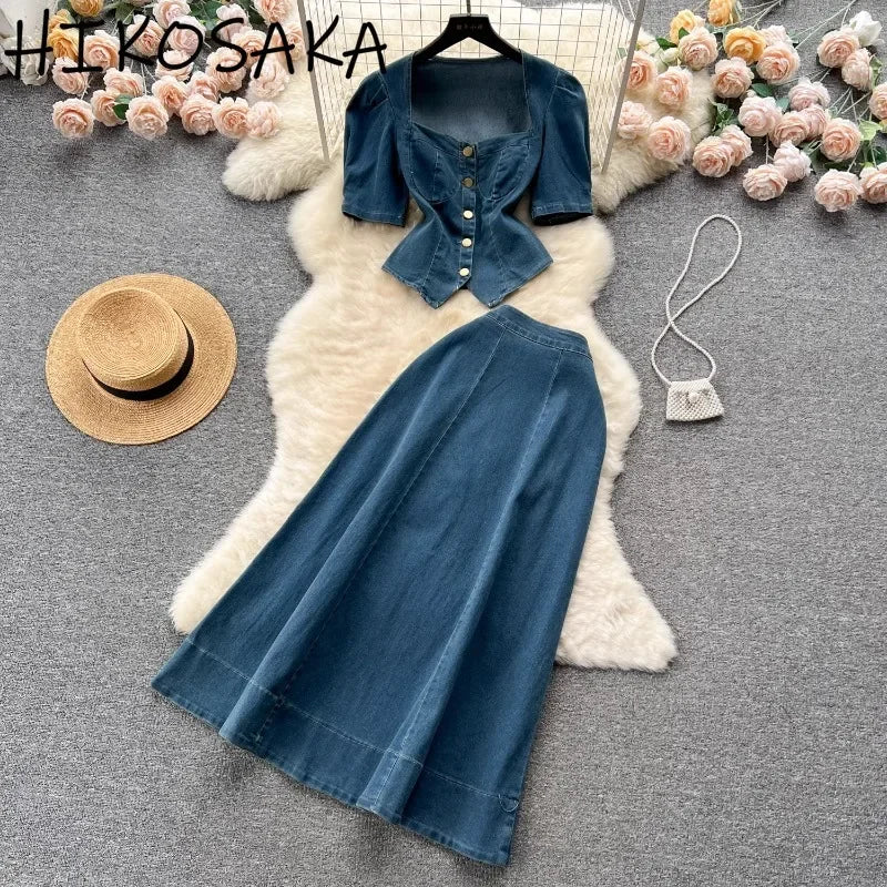 Western Style Denim Dress Set Women Suit New Sexy Retro Square Collar Puff Short Sleeve Shirt Top + High Waist A-line Long Skirt