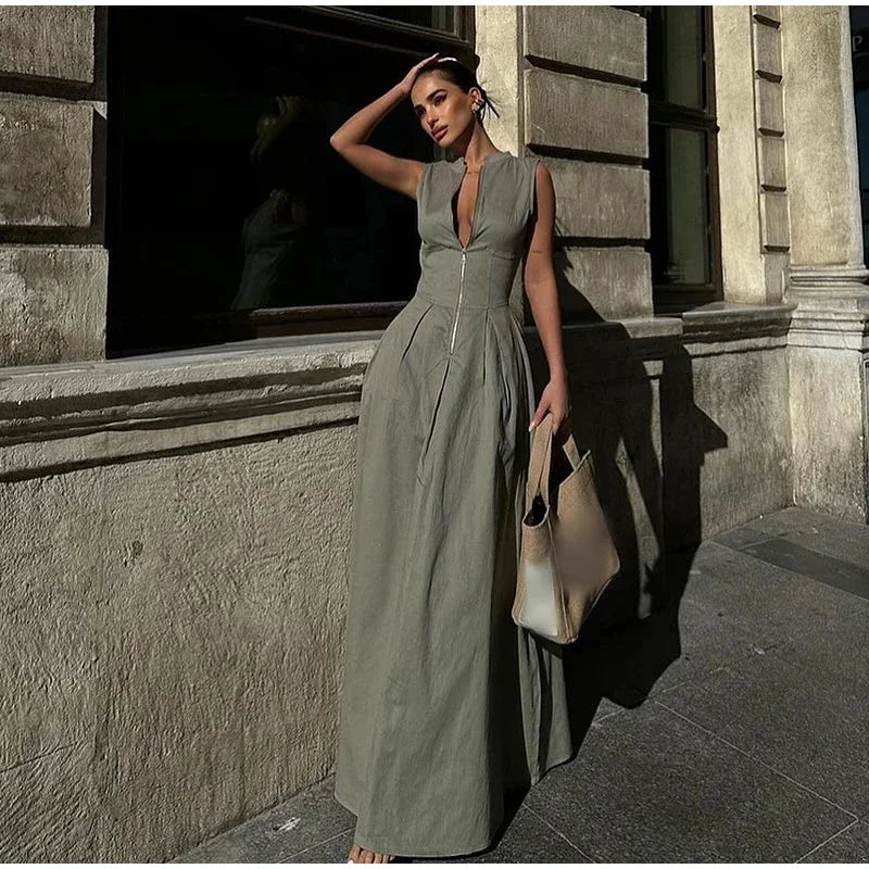 Sleeveless Spliced Zipper Maxi Summer Dress Women Elegant High Waist Slim Pleated Long Dresses Office Lady Street Robes Female