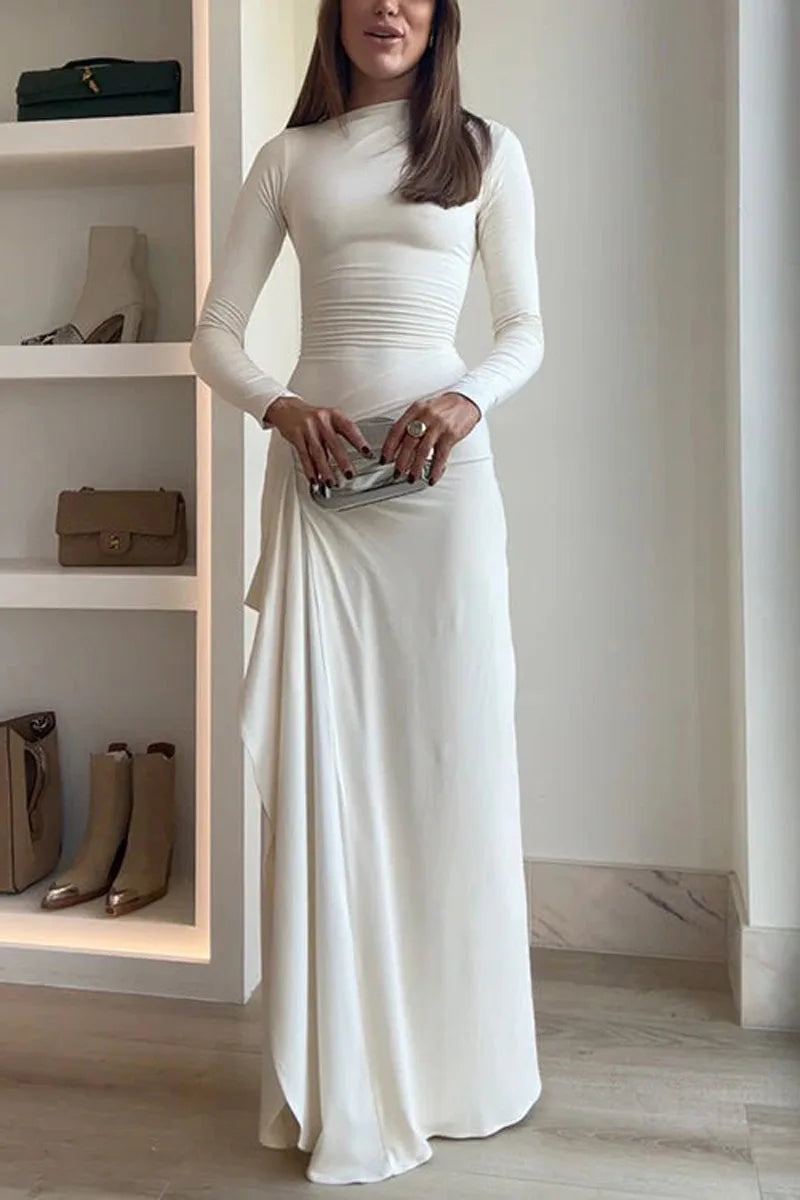 Elegant White Ruched Dresses Womens Long Sleeve Curvy Slit Evening Luxury Party Dress Winter Evening Black Gowns Red Prom