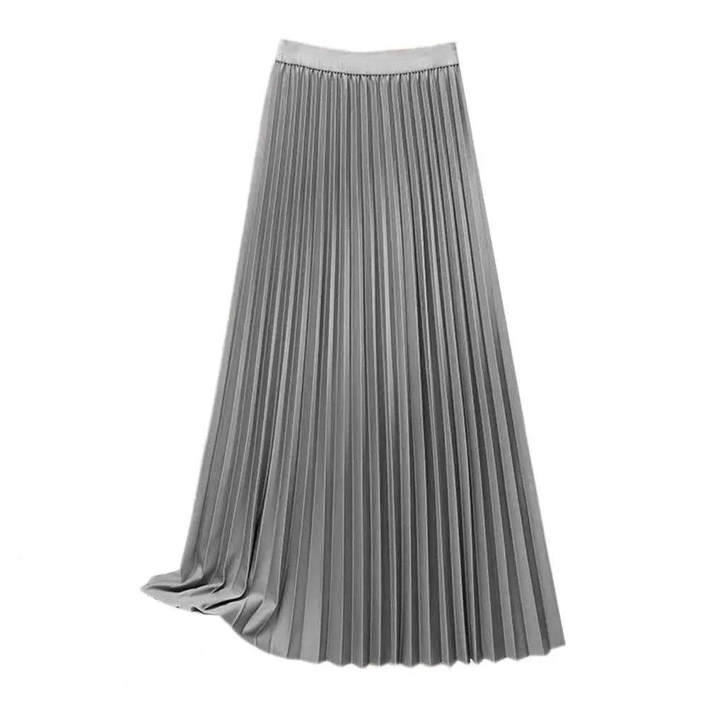 Women Maxi Skirt Casual Elastic High Waist Pleated Skirt Solid Color Smooth Satin A-Line Skirt Women's Clothing For Daily Wear