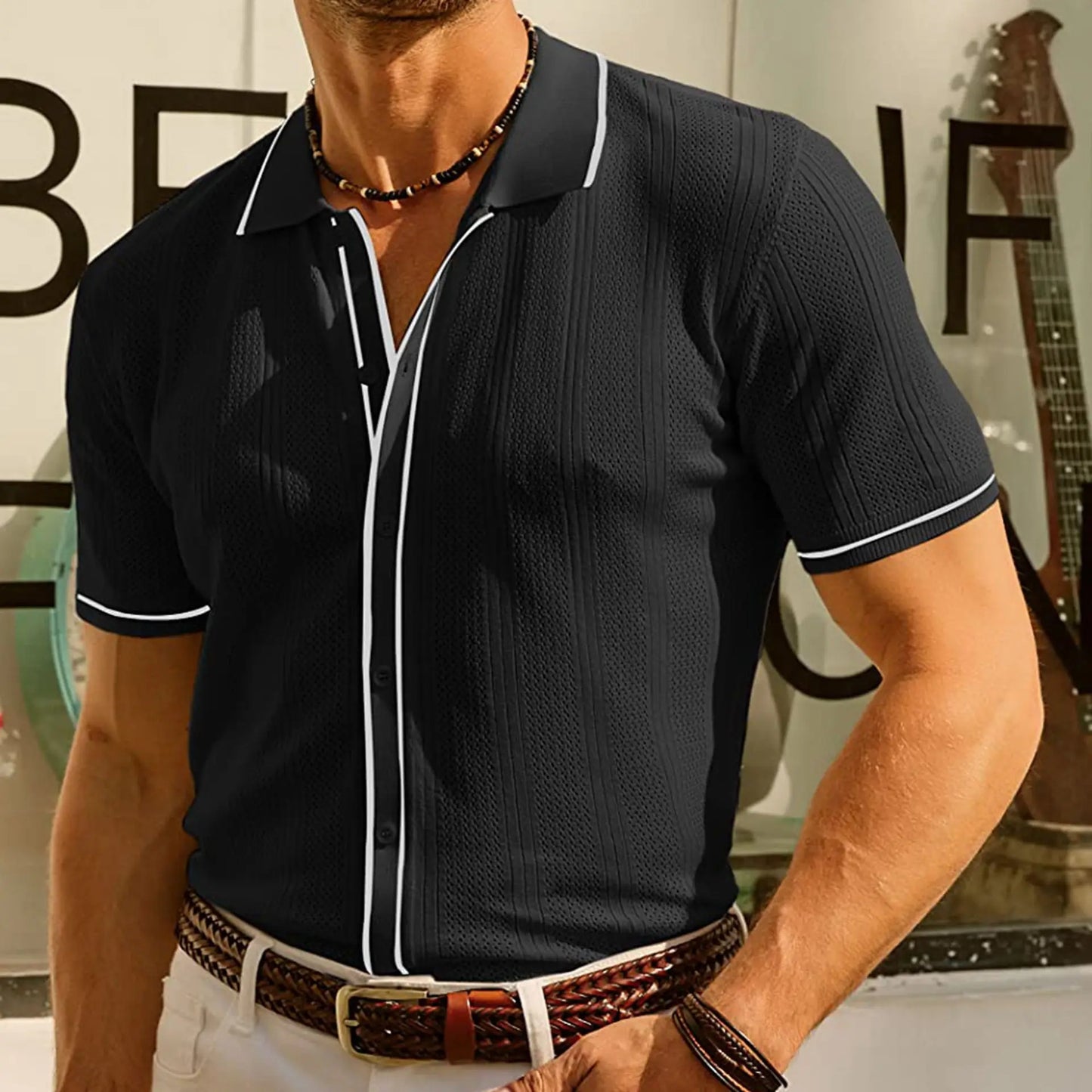 Summer Ice Silk Men Hollow Polo Shirt Breathable Soft Knit Shirt Top Men's Short-sleeved Tee