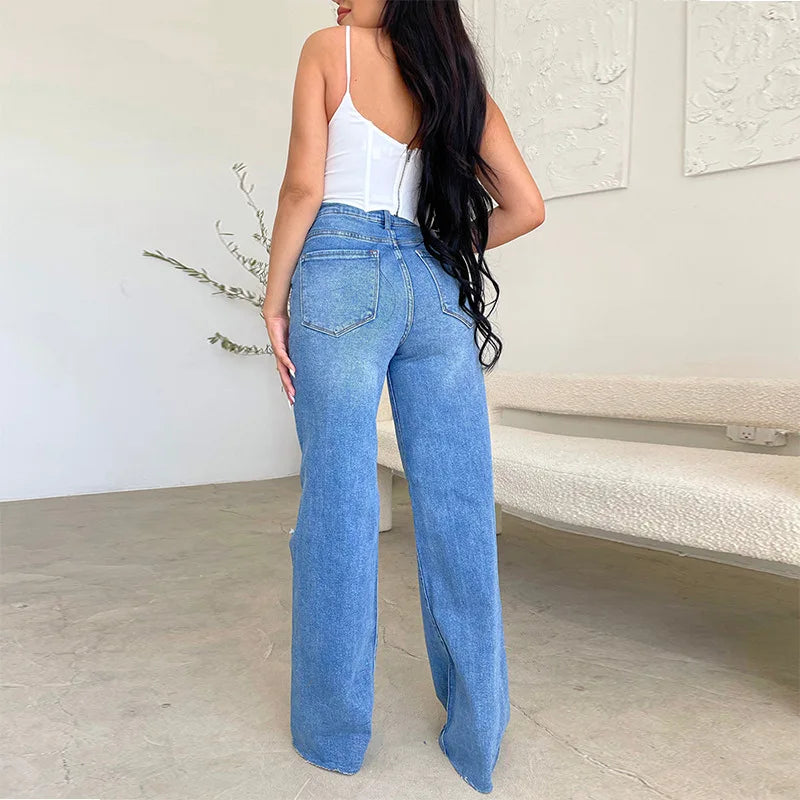 Women Jeans Wide Leg Pants Denim High Waist Zipper Fly Washing Holes Pockets High Street Ankle Length Flash