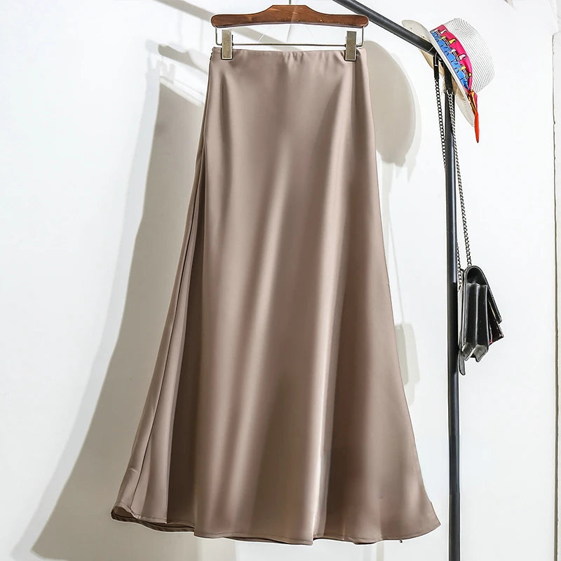 New Fashion Satin Skirt Office Lady Elastic Waist Solid Champagne Purple Red Silk A-LINE Skirt for Women