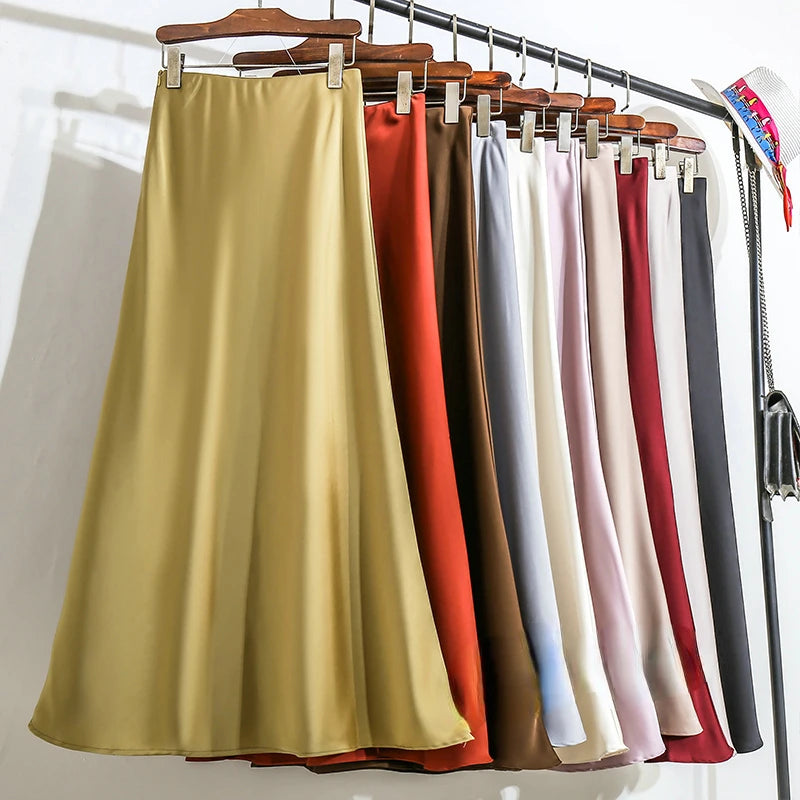 New Fashion Satin Skirt Office Lady Elastic Waist Solid Champagne Purple Red Silk A-LINE Skirt for Women