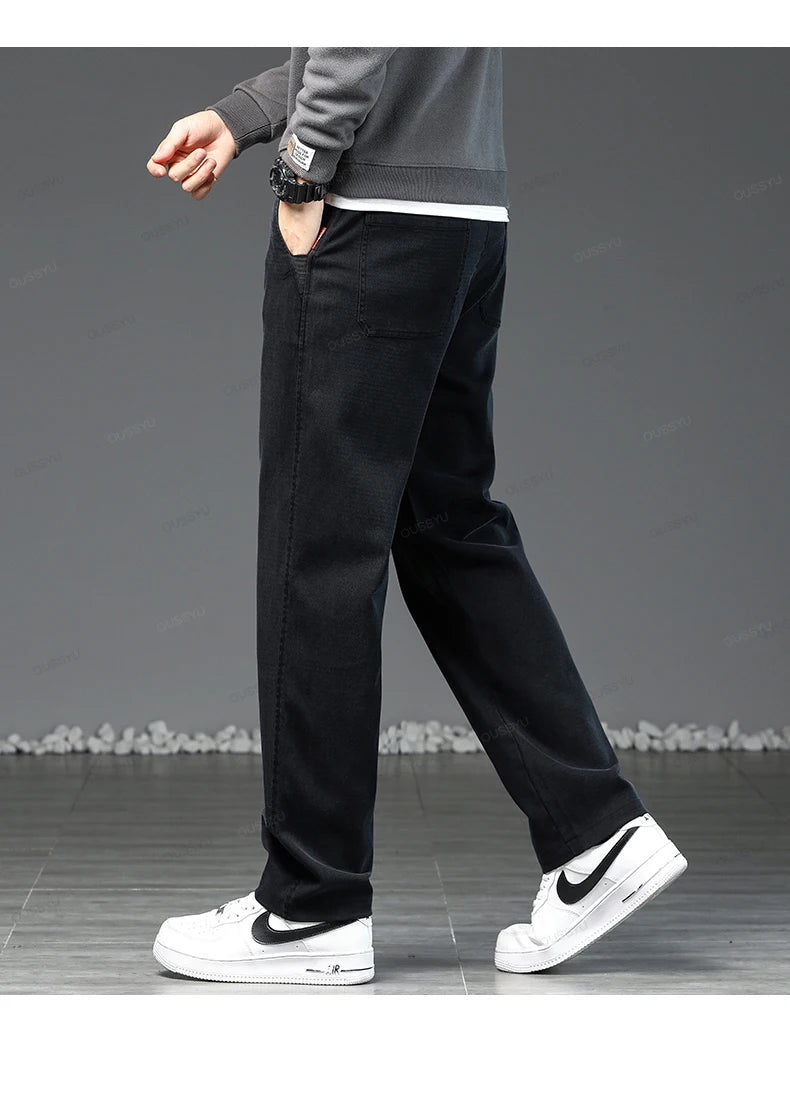 Grey Brown Casual Pants Men Lyocell Fabric Thick Classic Elastic Waist