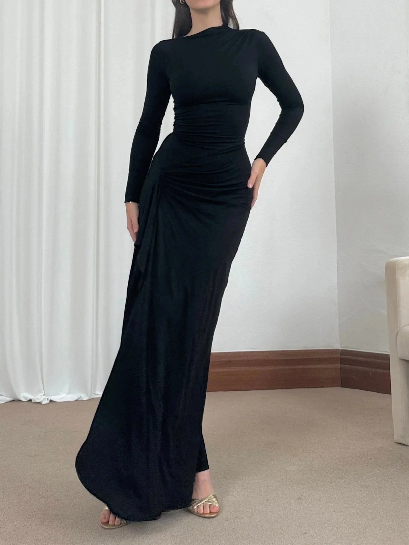 Elegant White Ruched Dresses Womens Long Sleeve Curvy Slit Evening Luxury Party Dress Winter Evening Black Gowns Red Prom