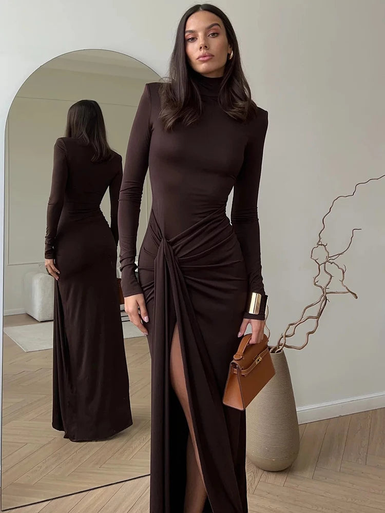 Turtleneck Thigh High Split Maxi Dress For Women Fashion Long Sleeve Draped Bandage