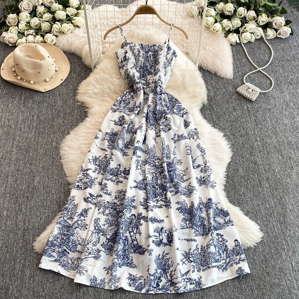 Flower Print Romantic Retro Party Dress Elastic High Waist Vacation Long Dress Beach